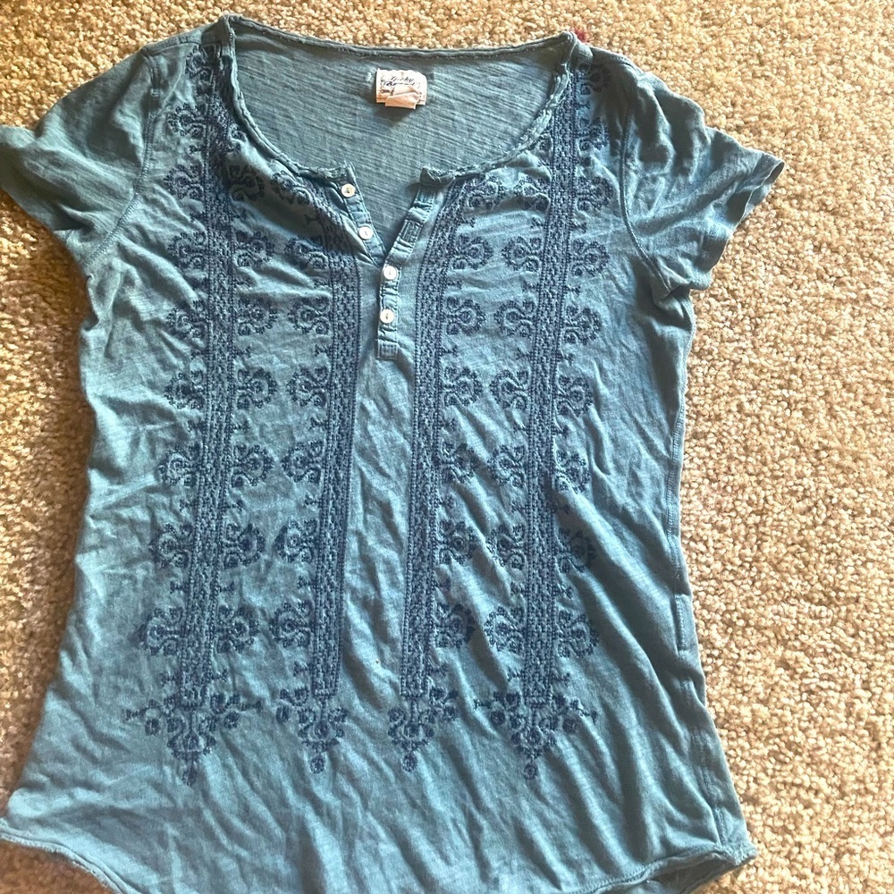 Lucky Brand Dusty Blue Henley Tee with Embroidery – Size XS